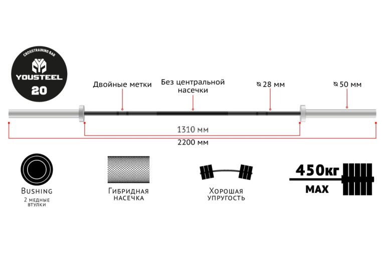 Гриф L2200мм D50мм YouSteel Training Bar XF-20, 20 кг синий + хром фото 2